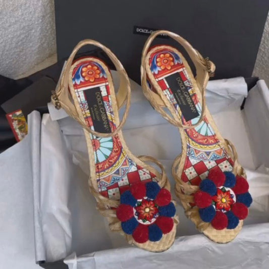 Small red flower retro print low-heeled sandals