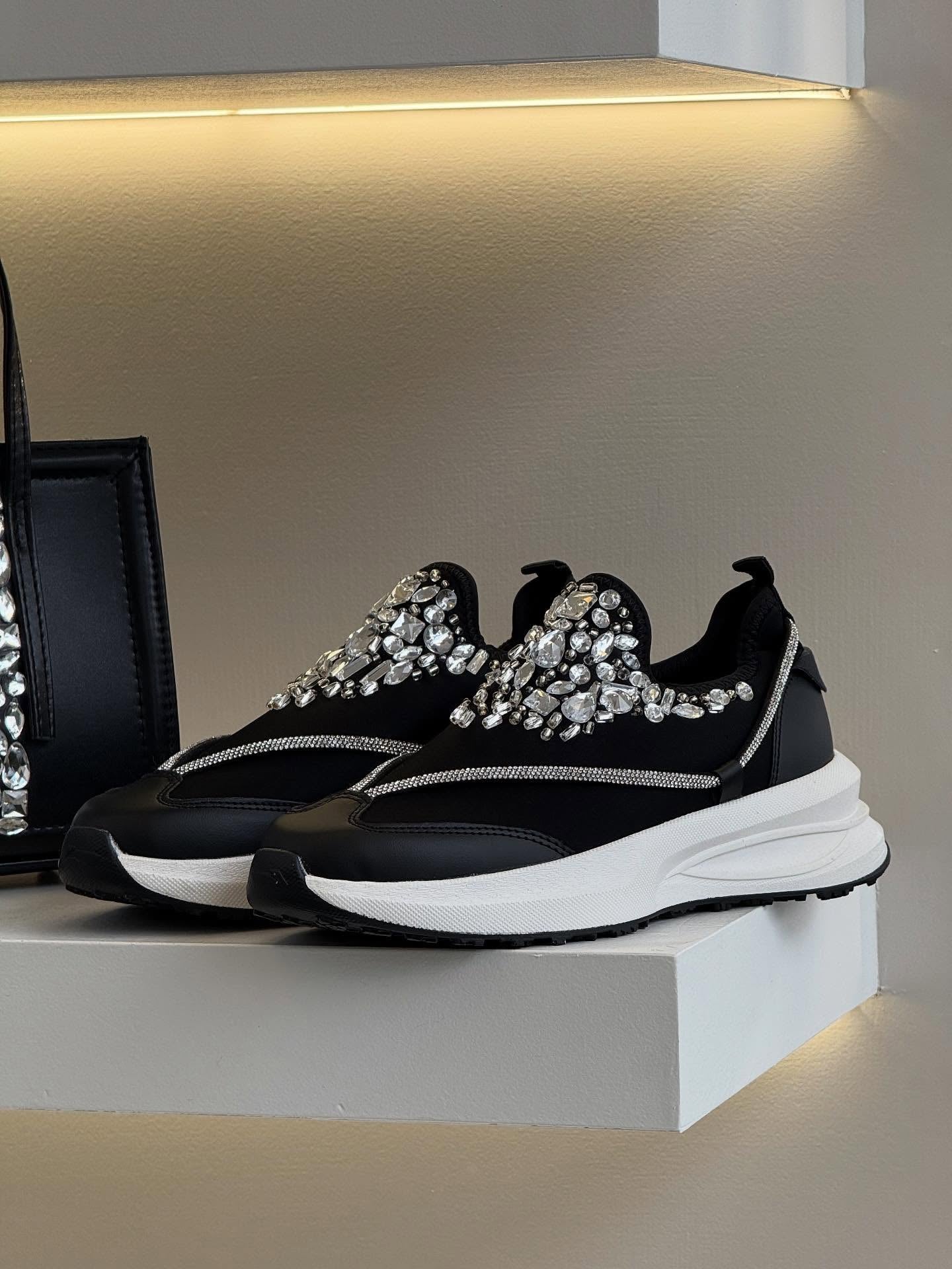 Black diamond-encrusted casual shoes