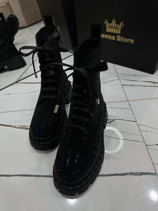 Black diamond full diamond soft sole thick heel ankle boots