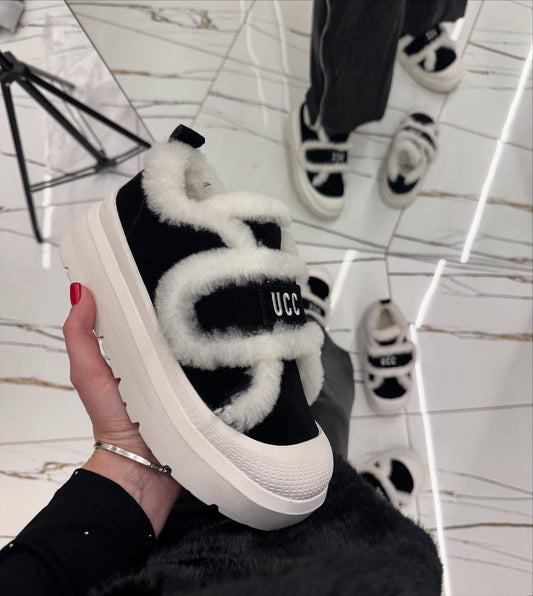 Plush black and white UCC warm shoes