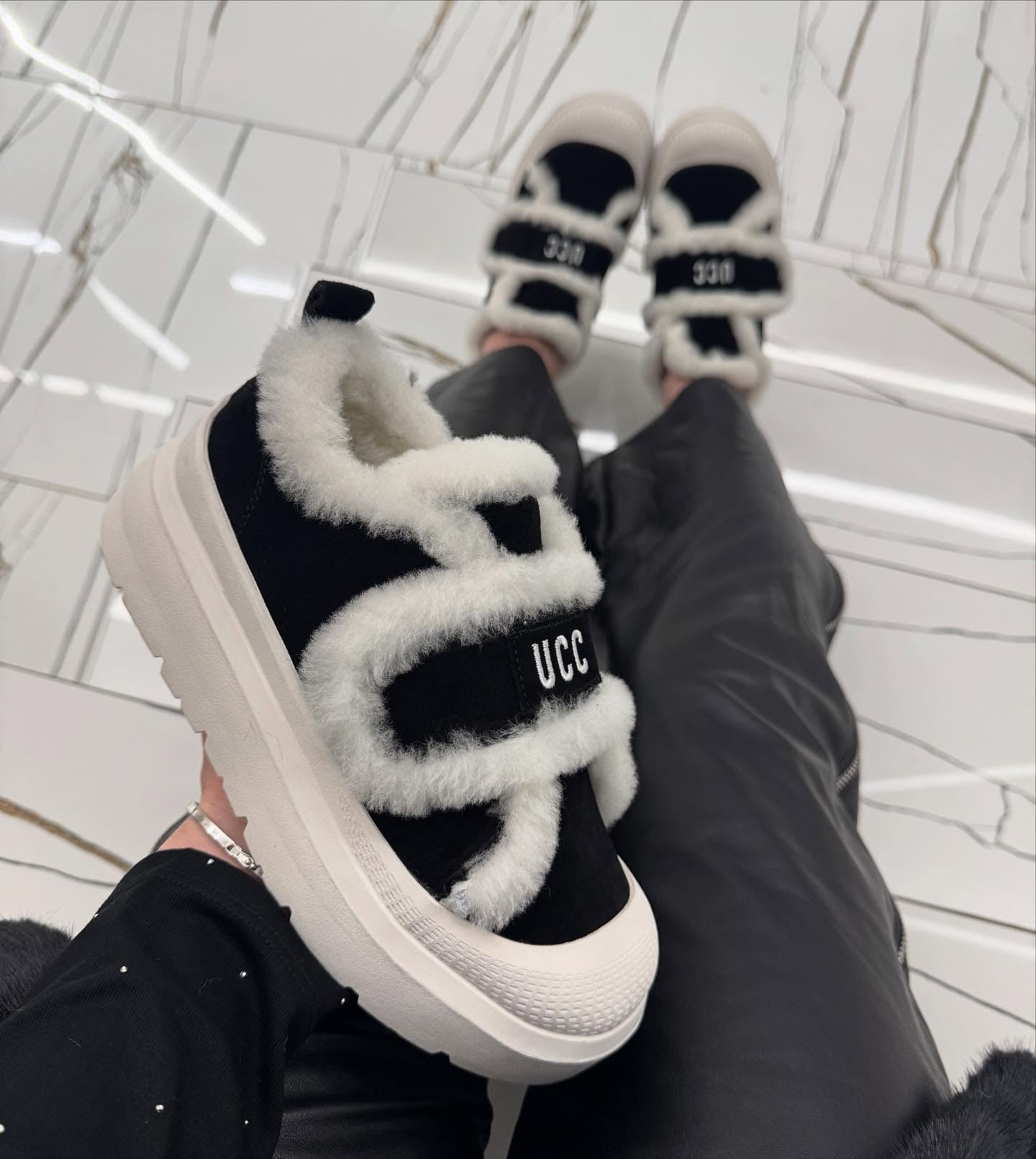 Plush black and white UCC warm shoes