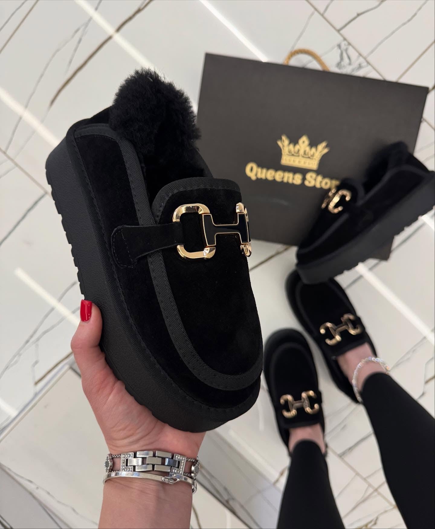 H Gold Buckle Black Fleece-Lined Boots