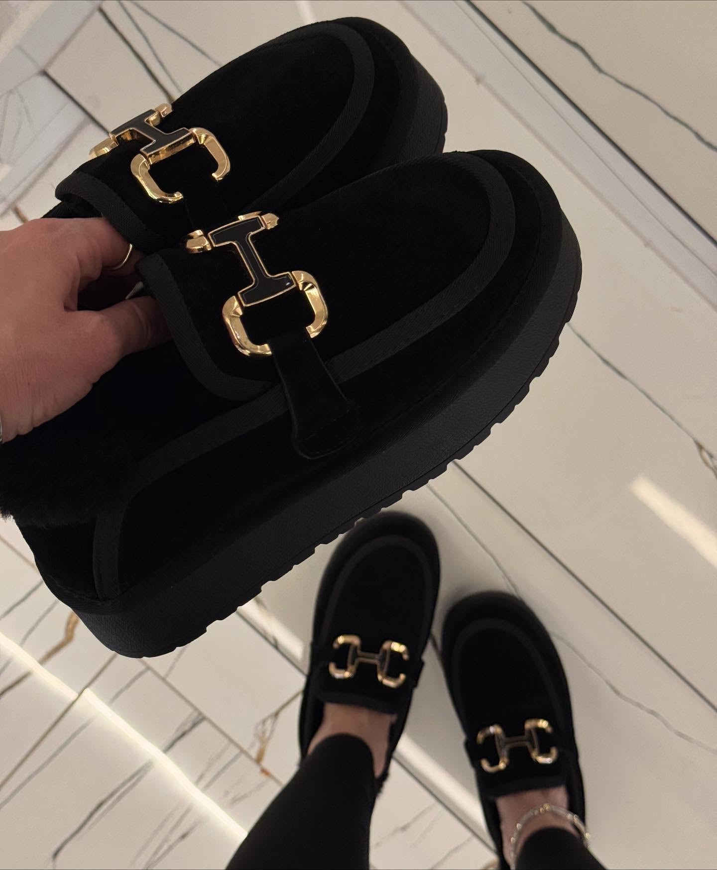 H Gold Buckle Black Fleece-Lined Boots