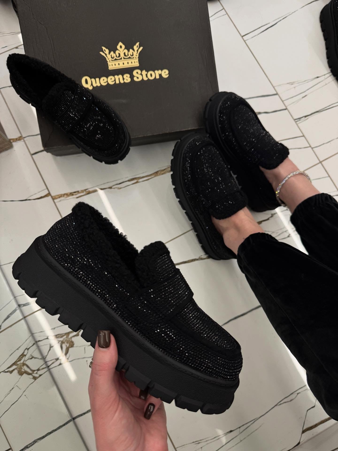 Black rhinestone-embellished fleece loafers