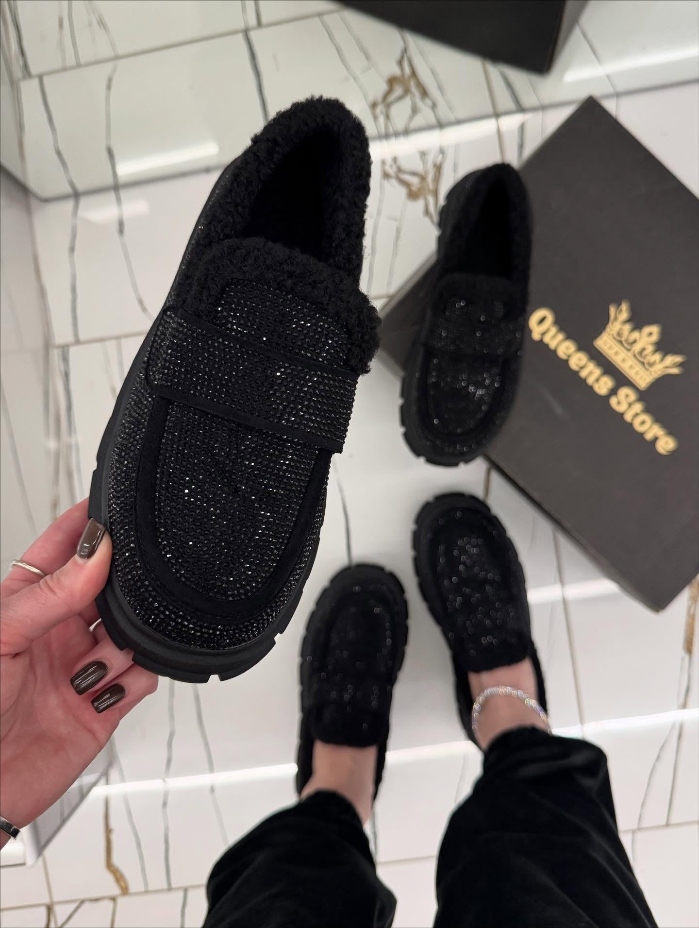 Black rhinestone-embellished fleece loafers