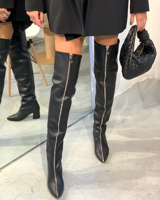 Black and silver zipper high boots