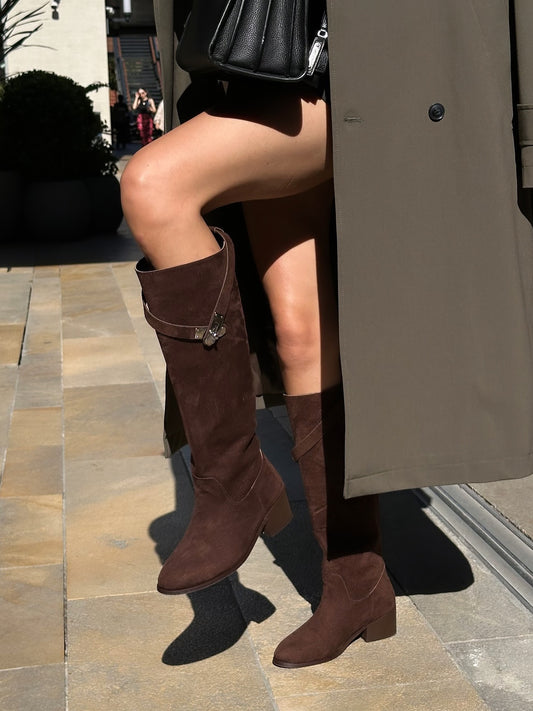 Brown lock buckle low heel high boots