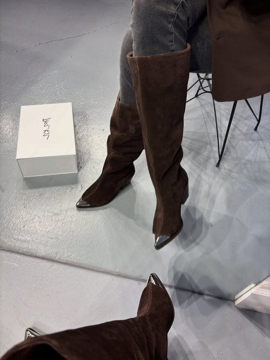 Dark brown iron toe plush high boots