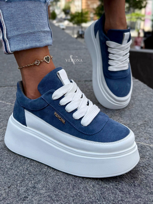 Denim thick-heeled white-soled sneakers