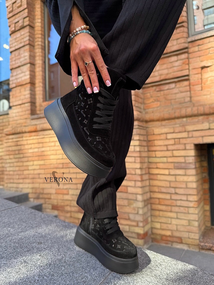 Black printed velvet loafers