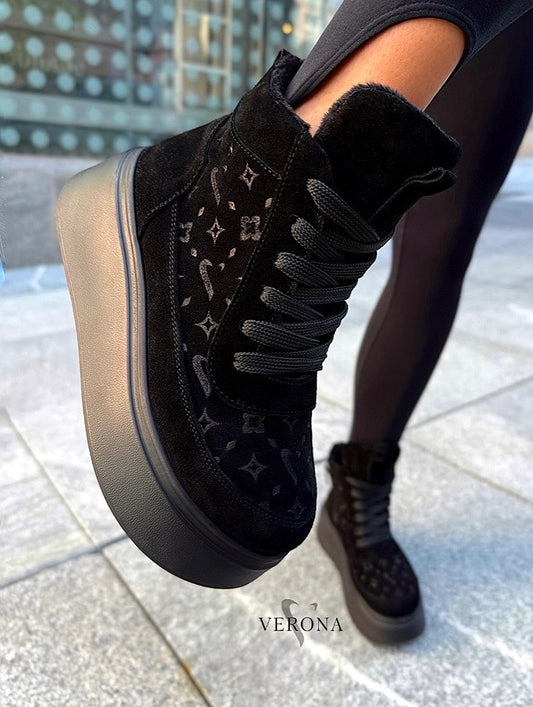 Black printed velvet loafers