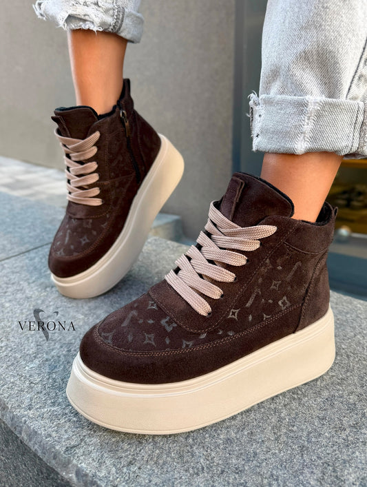 Brown printed velvet loafers